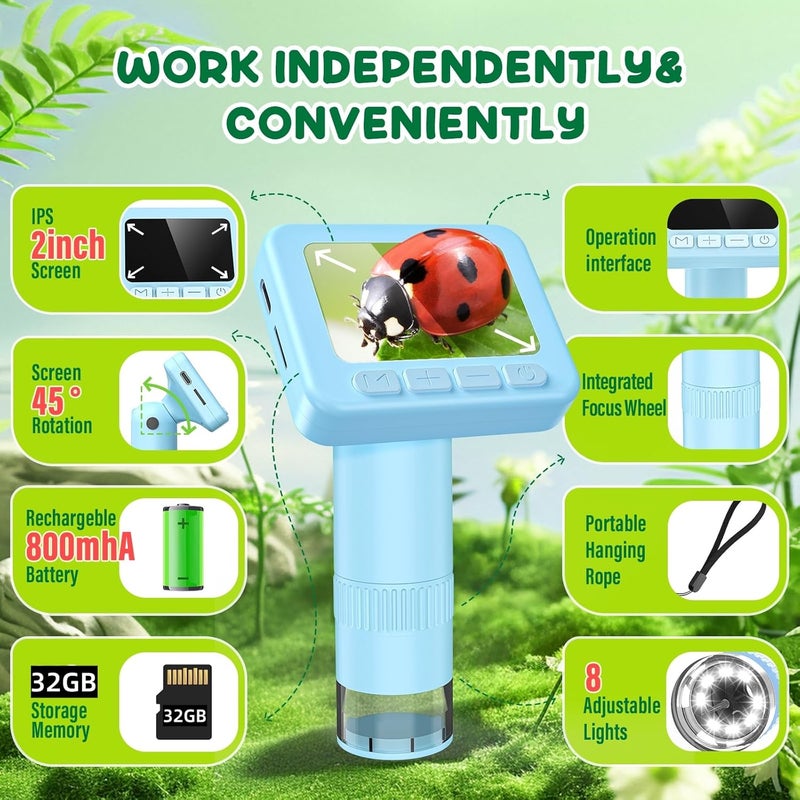 IMICHI Microscope for Kids 50X-1000X - 2 inch IPS HD Screen, 32GB Storage Card, 1080P Video, 2-Hour Battery Life, Easy Carry, Slides Included - Perfect Science Kit Gift for Kids Ages 8-12 Blue - Image 2